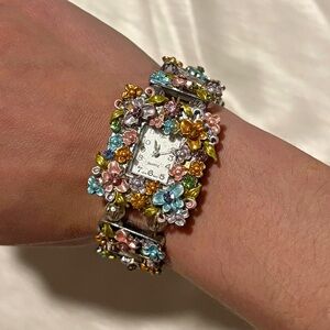 Rare Y2K Floral Rhinestone Watch Bracelet Statement Crystal Enamel
